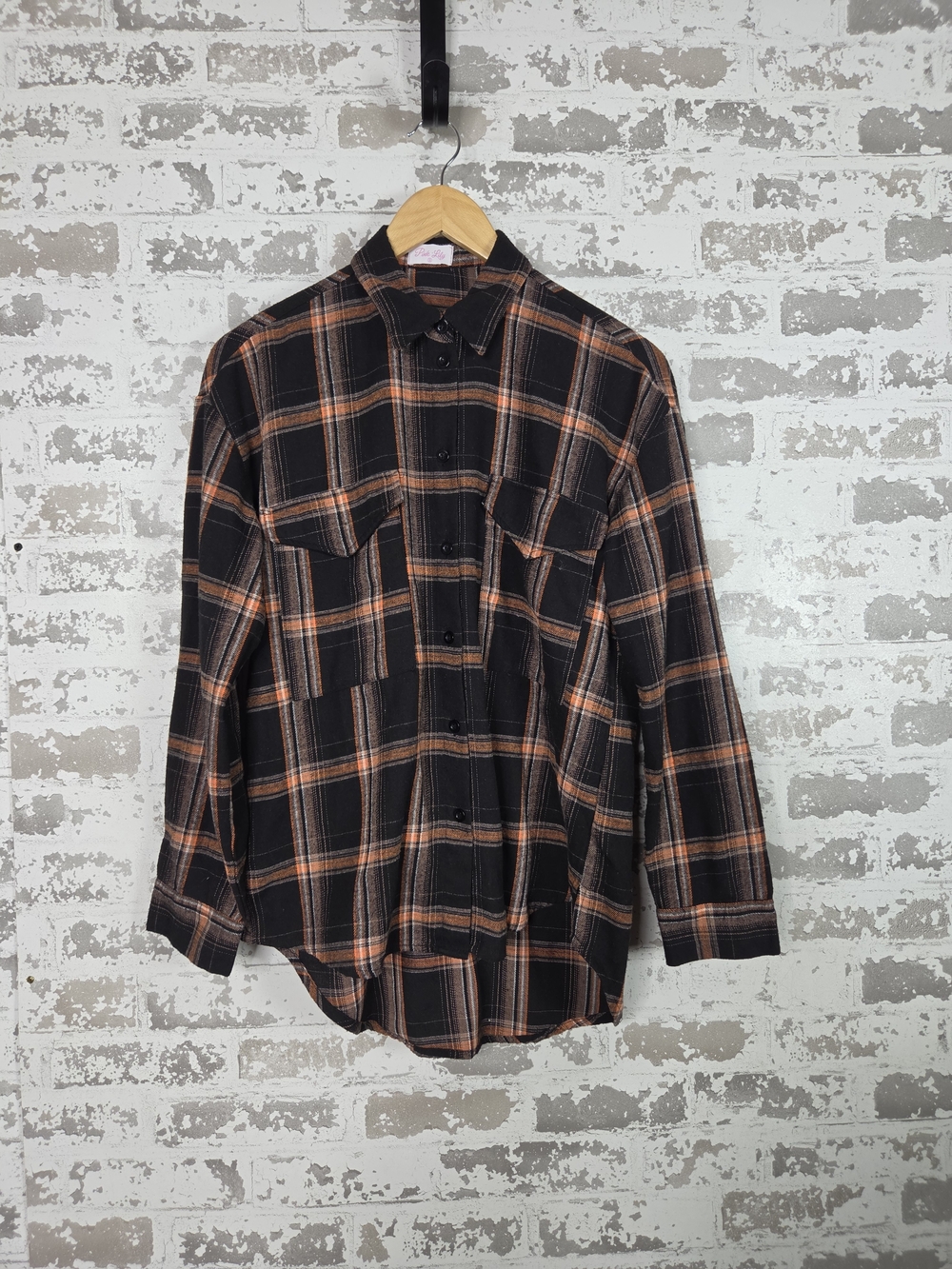 Pumpkin Patch Autumn Plaid Flannel Shirt Long Sleeve High Low Top Size Small